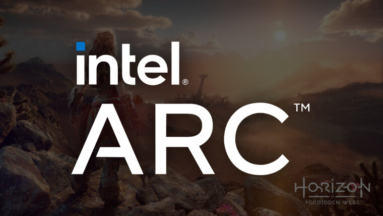 Логотип Intel ARC со снимком экрана Horizon Forbidden West на заднем плане