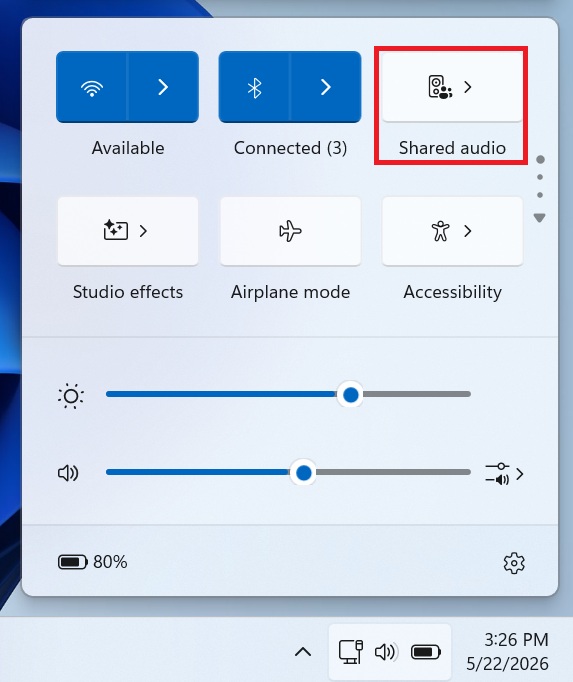Совместное использование звука в быстрых настройках Windows 11