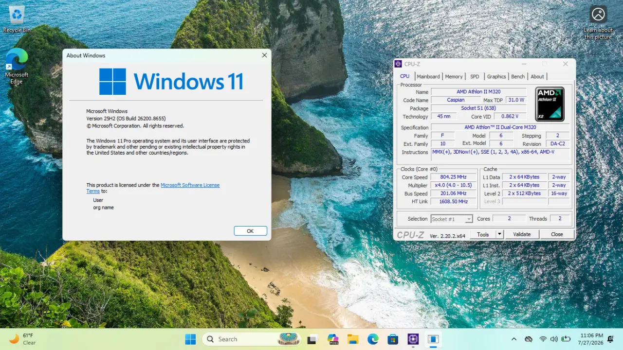 Windows 11 25H2, работающей на процессоре Athlon II X2 M320
